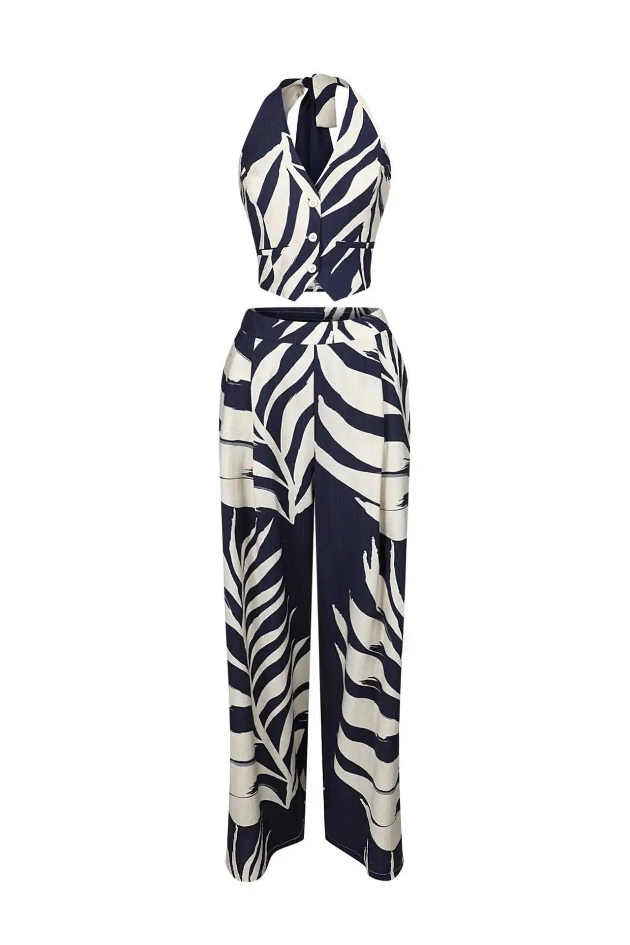 Beach Leaf Printed Halter Sleeveless Crop Shirt Tank and Wide Leg Pants TwoPiece Sets