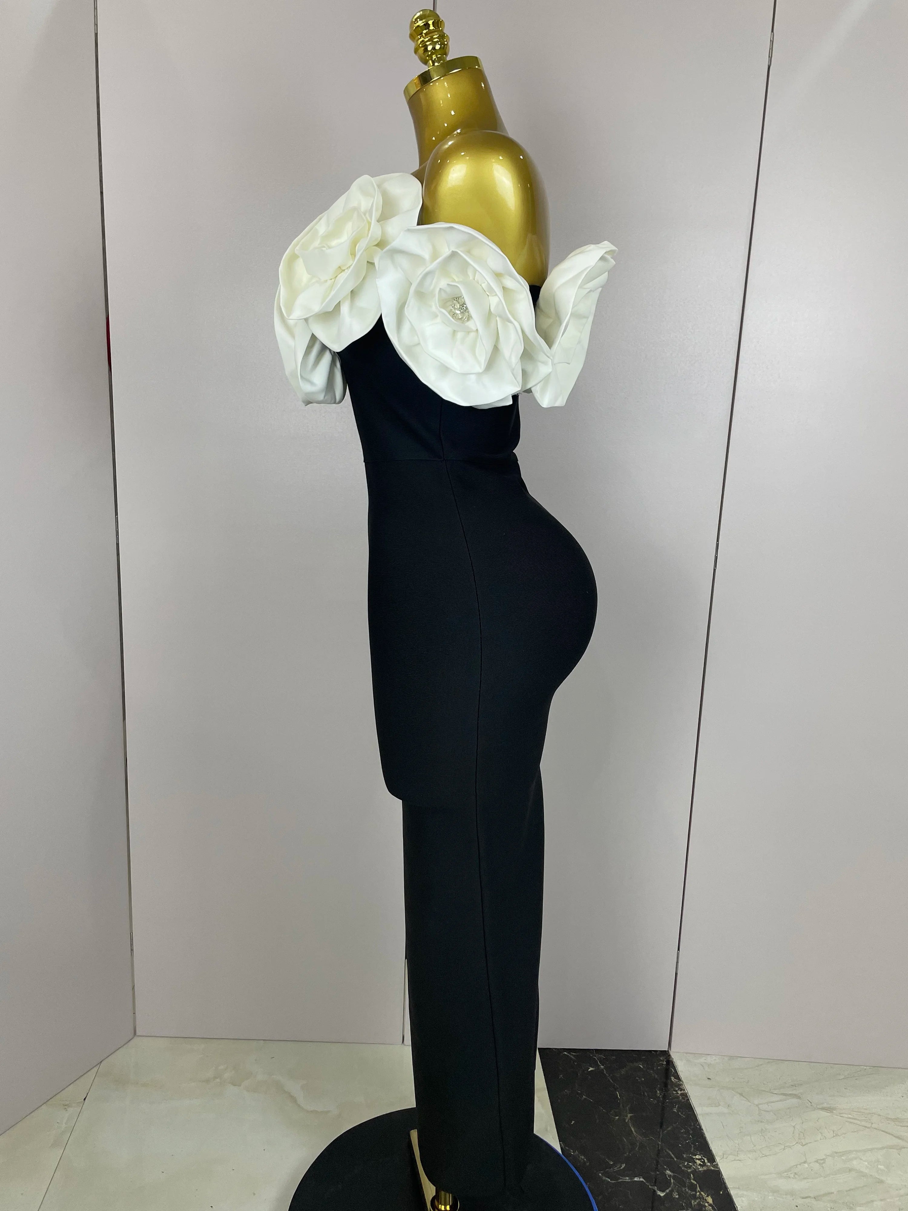 Stereoscopic Flowers Off The Shoulder Ankle Length Bandage Dress