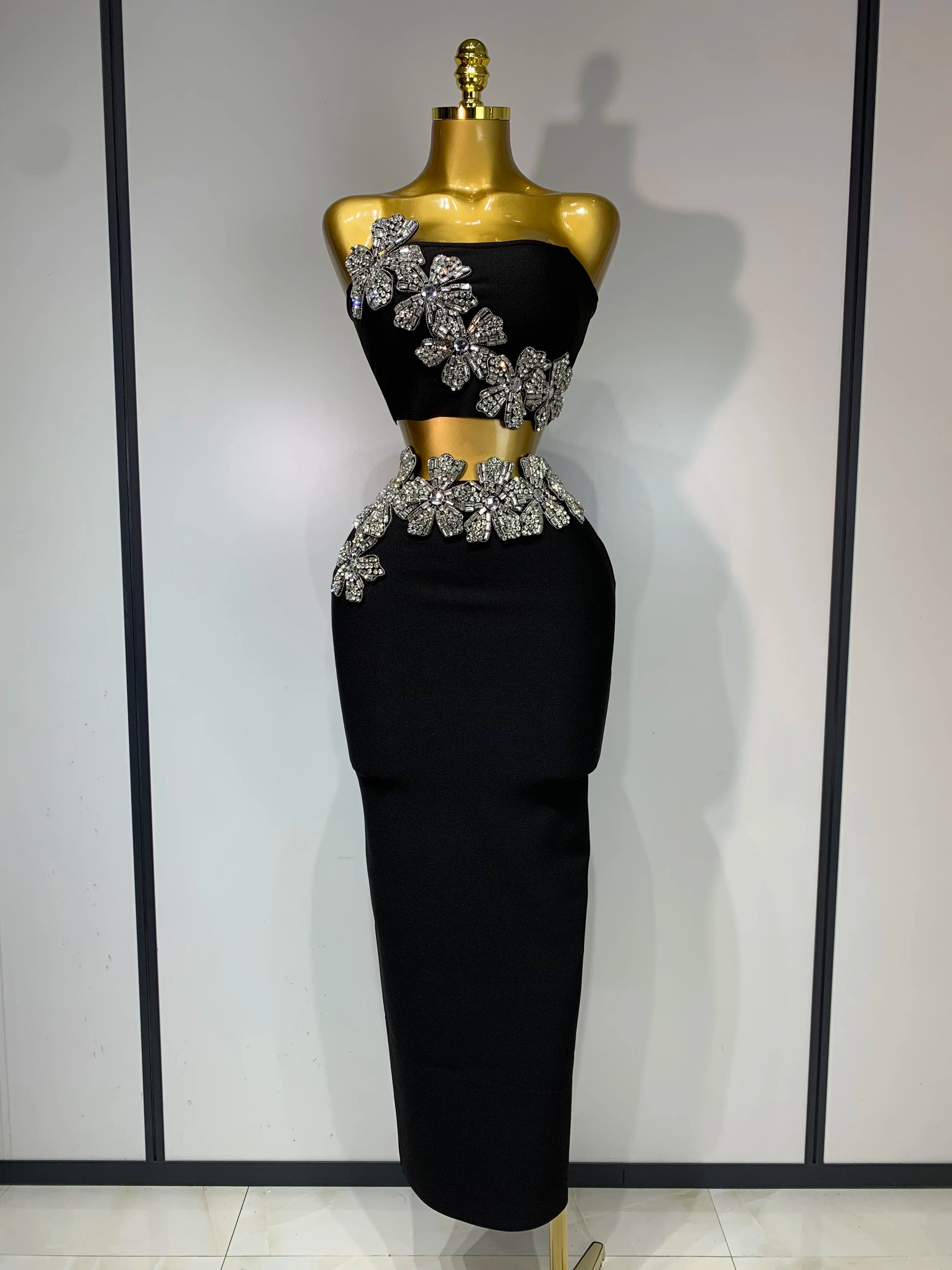 Strapless Flower Diamonds Maxi Long Bandage Two Piece Set