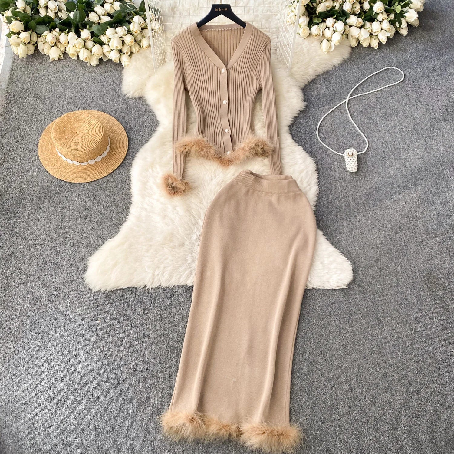 French Style Cardigan+Bodycon Skirt Knit 2pcs Sets