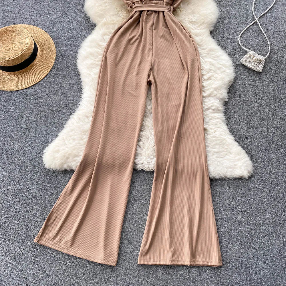 V Neck Casual Bow Fashion Strap Knitted Backless Jumpsuits