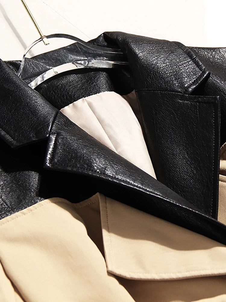 Autumn And Winter Temperament Leather Contrast Color Windbreaker Coat