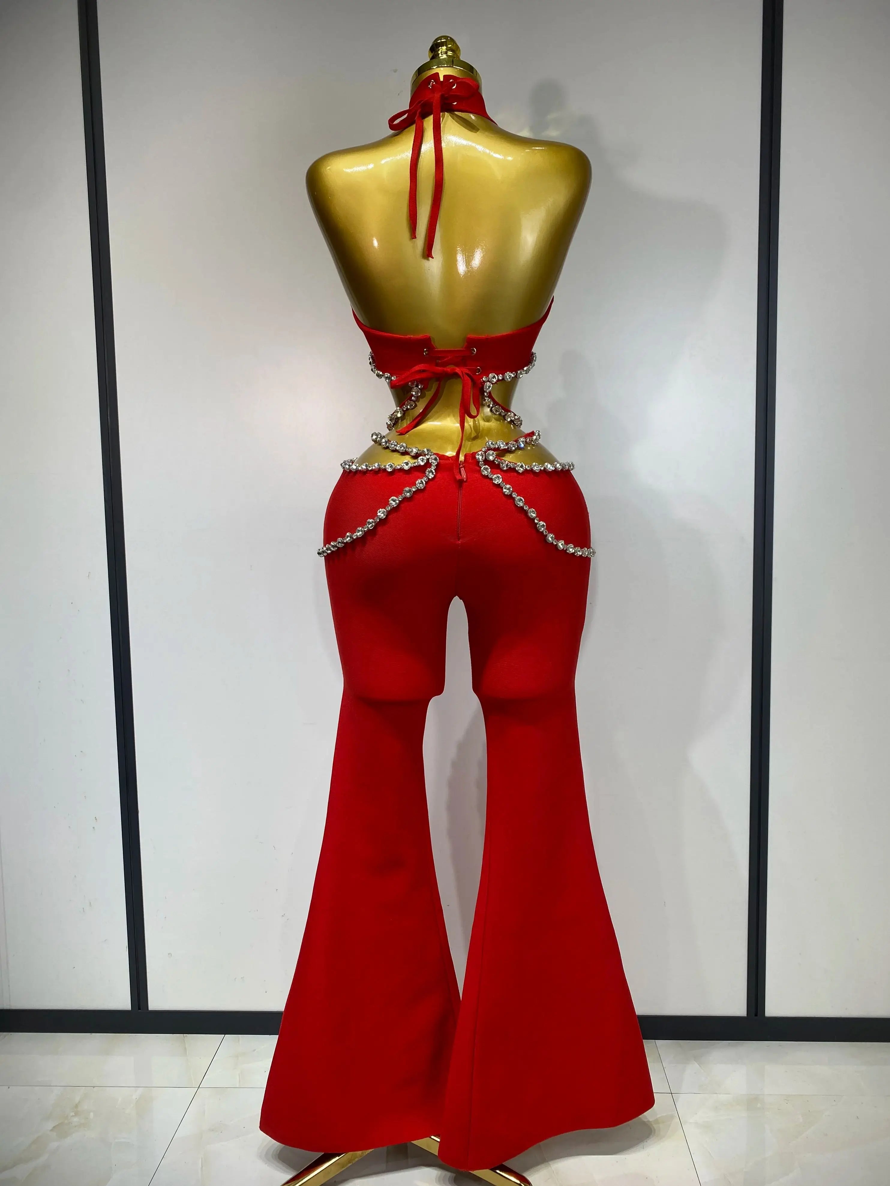 Luxury Rhinestone Cut Out Two Piece Pants And Top Bandage Set