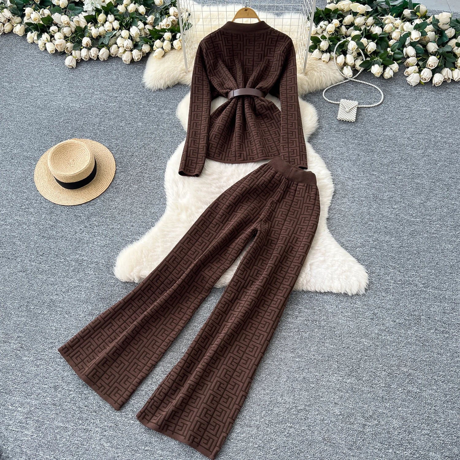 Knitted Long Sleeve Tops+Wide Trousers  Two Pieces Set