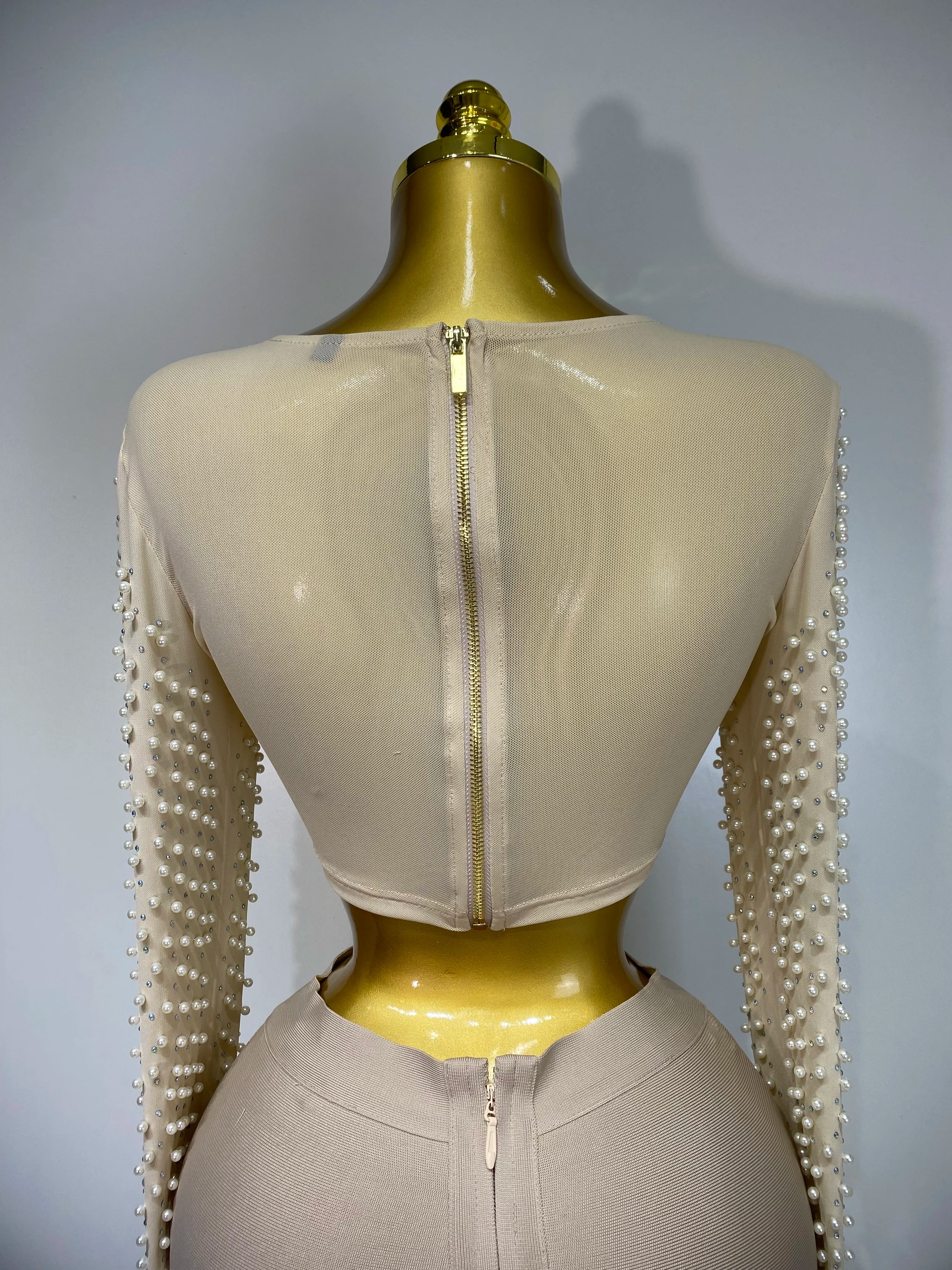 Long Sleeve Mesh Pearl Top  Midi Skirt Bandage Two Set