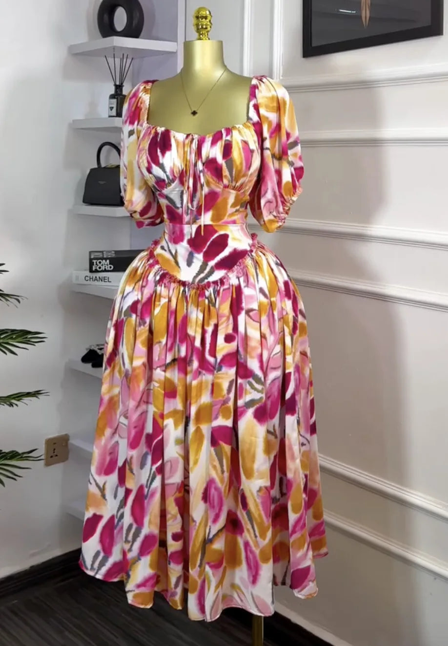 Tulip Floral Printed Lantern Short Sleeve High Waist Dresses