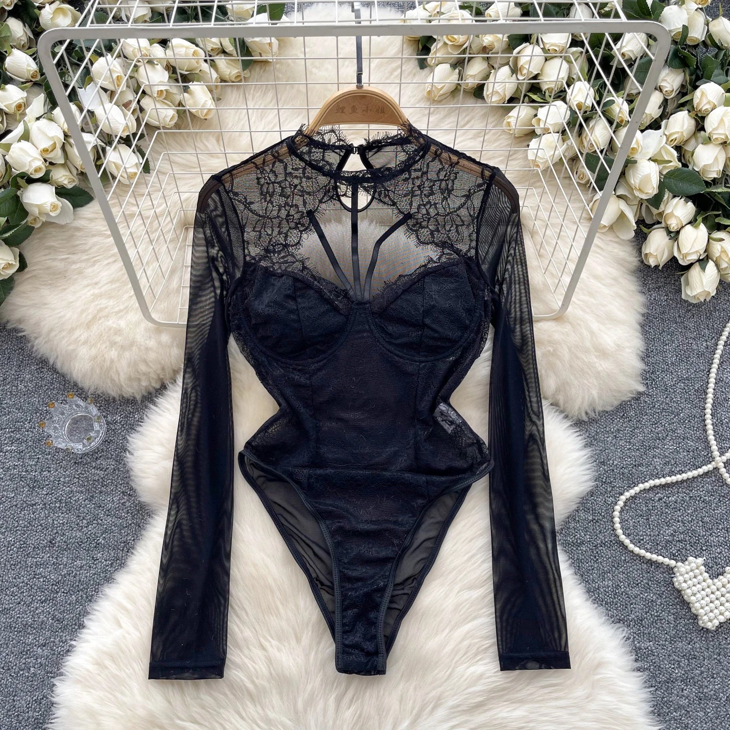 Hollow Out Mesh O Neck Long Sleeves Slim Fit Sheath Bodysuit