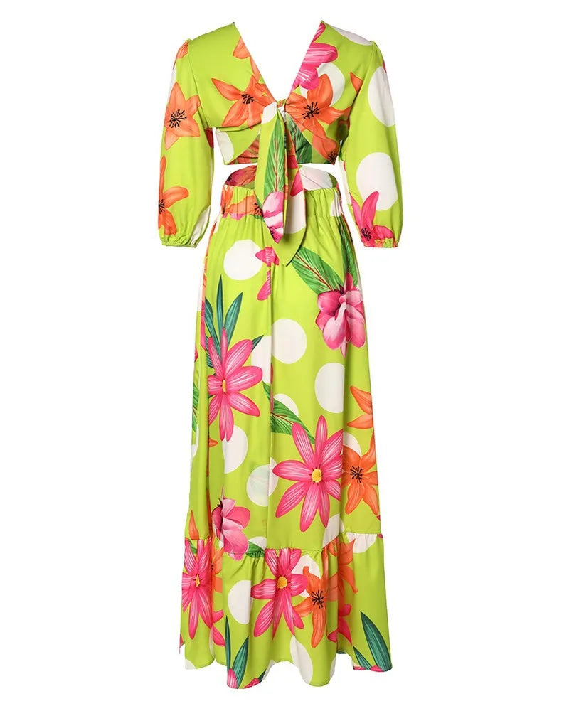 Long Maxi V-neck Short Sleeve Print Dress