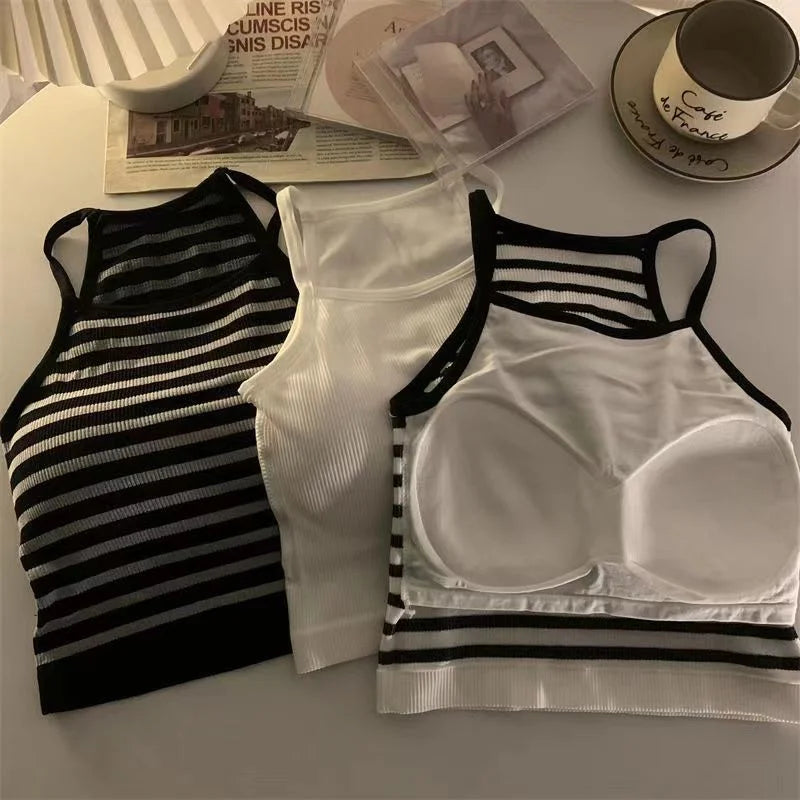 Tank Tops Thread Solid Casual Crop Top with Chest Pad Stripe Sleeveless Outer Wear Basic Camisole