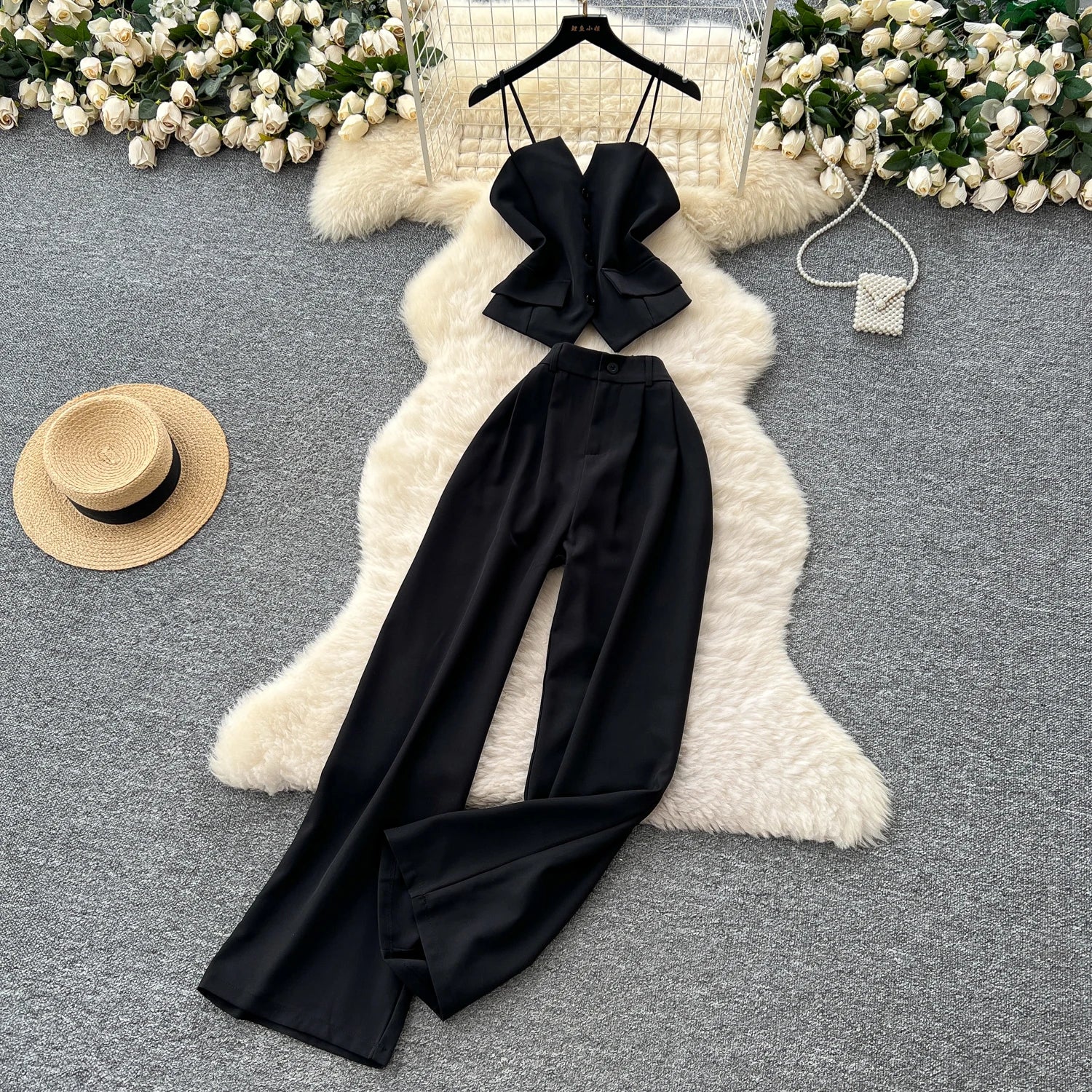 Office Lady Suits Camisole+Wide Leg Zipper Pants Chic Two Piece Set