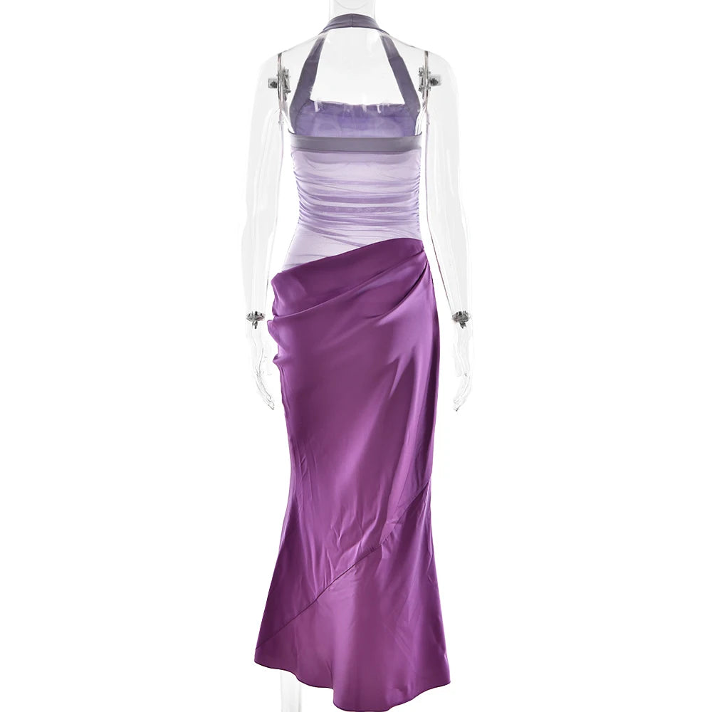 Patchwork Hollow Out Halter Maxi Dress