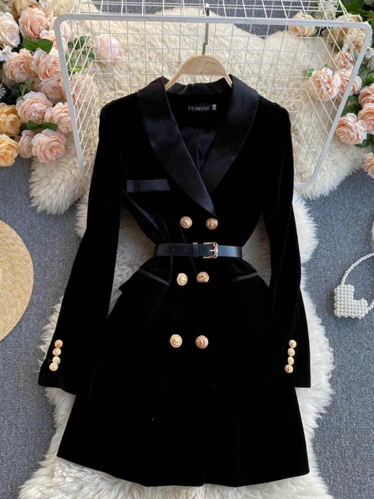 Velvet  Blazer Suit Winter Double Breasted Long Sleeve Coat