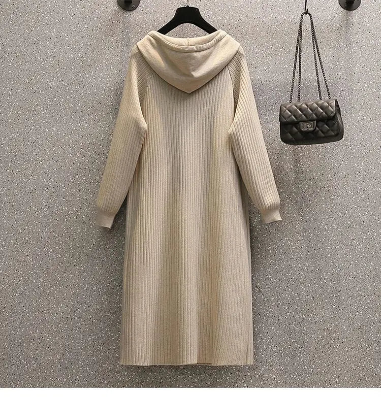 Casual V-neck Knitted Maxi Dress Elegant Ribbed Long Sleeve Hooded Dress