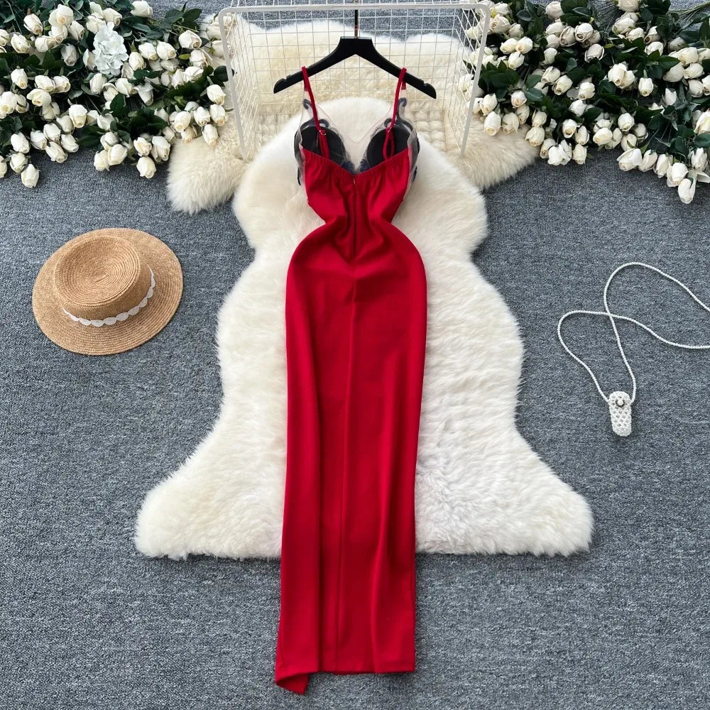 Elegant V-neck Vintage Embroidered Spliced French Dress