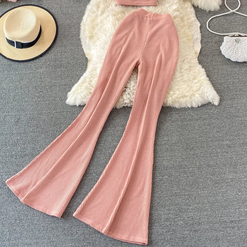 High Waist Long Pants+Short Square Neck Top Two-piece Suit