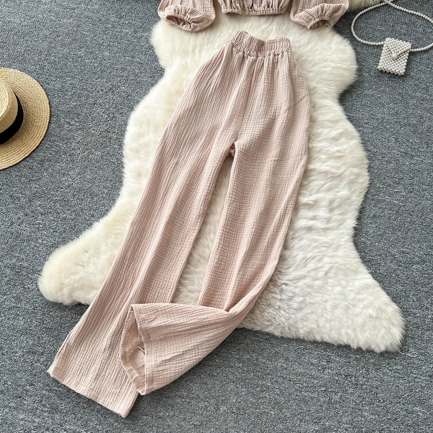 Lantern Sleeve Off Shoulder Crop Top+High Waist Wide Legs Pants Two Piece Set