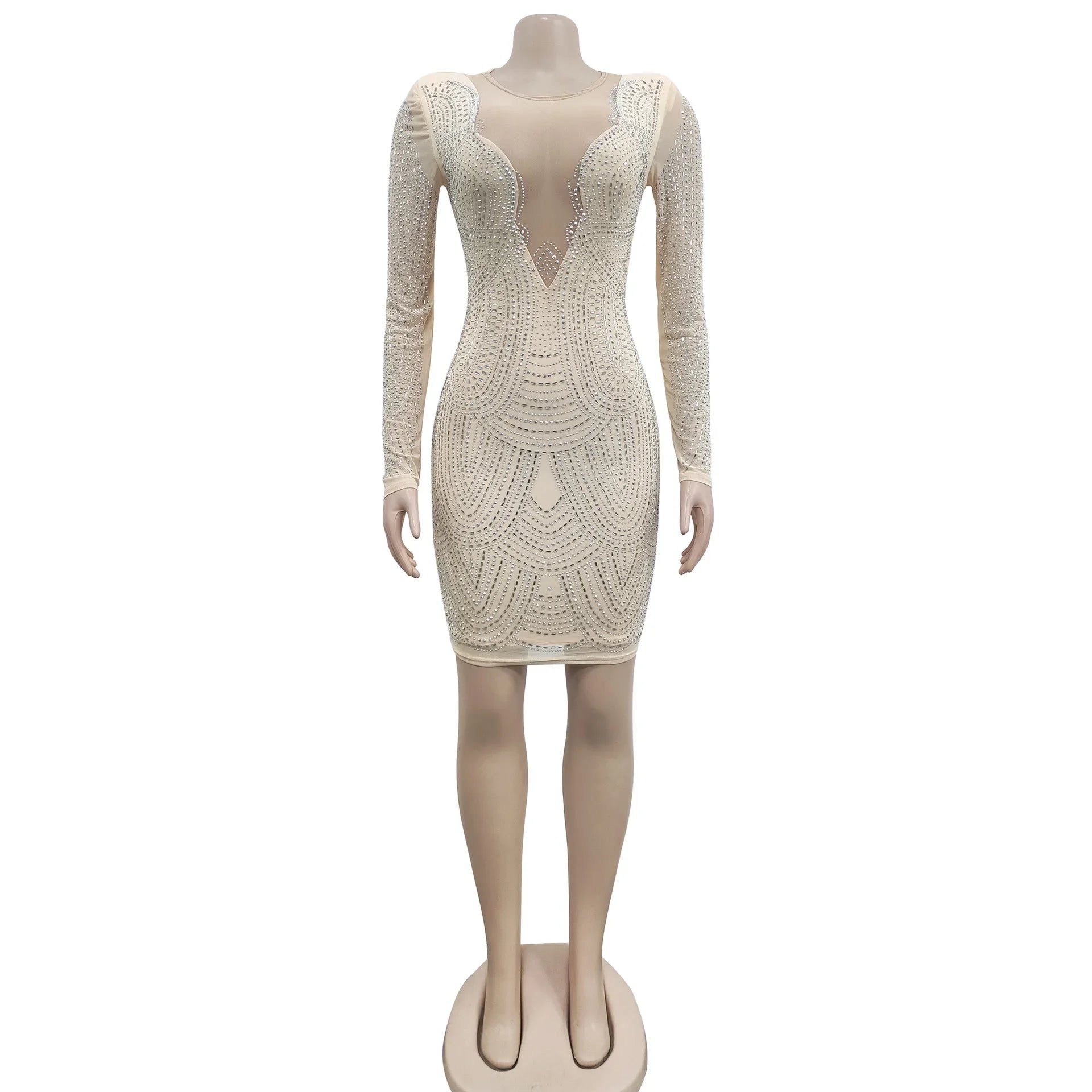 Diamond Mesh Bandage O Neck Long Sleeve Bodycon Mini Dress