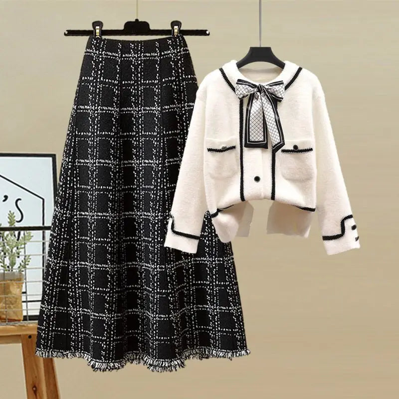 Bow Tie Cardigan Plaid Skirt Two-piece Set