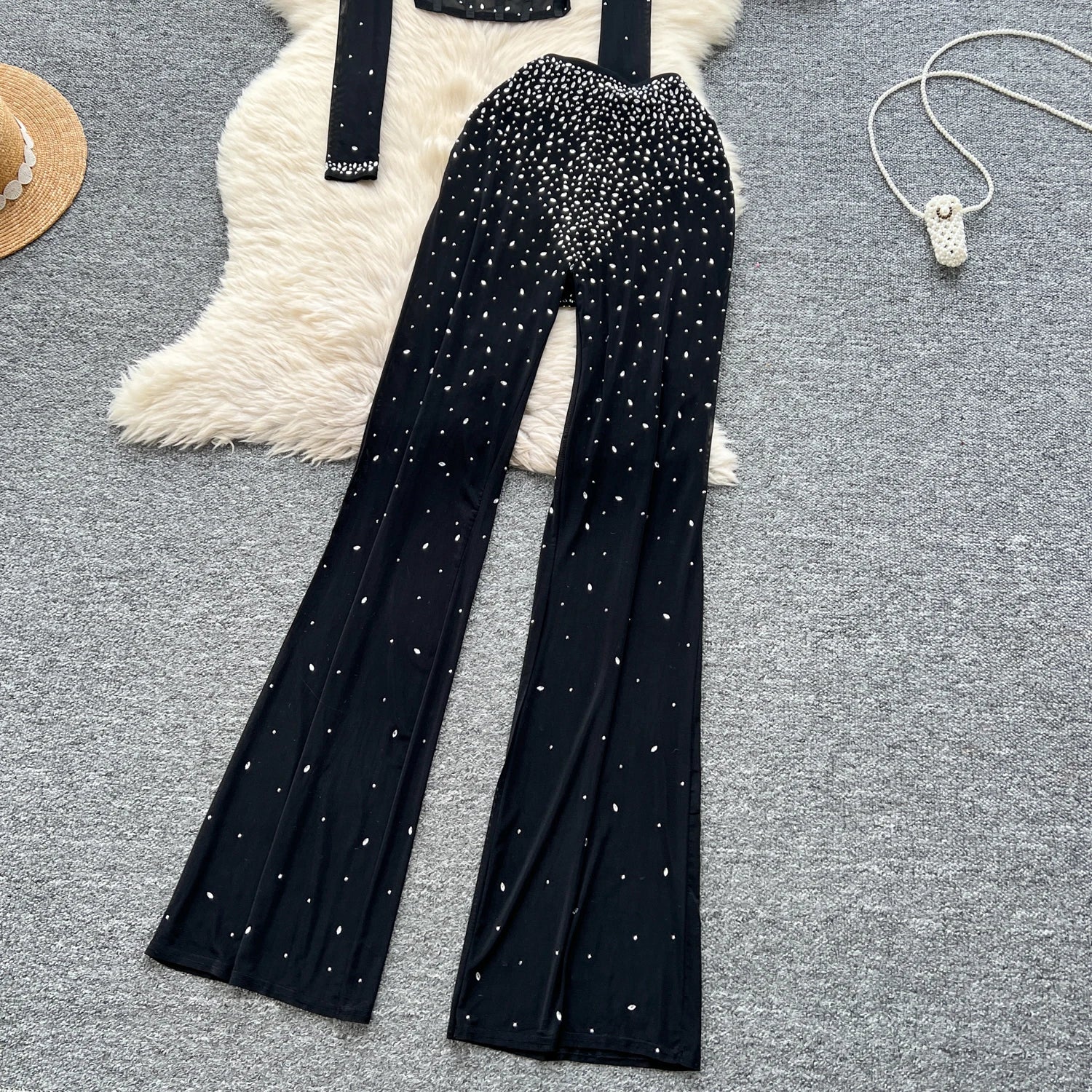 See Through Mesh Rhinestone Chic Two-piece Sets