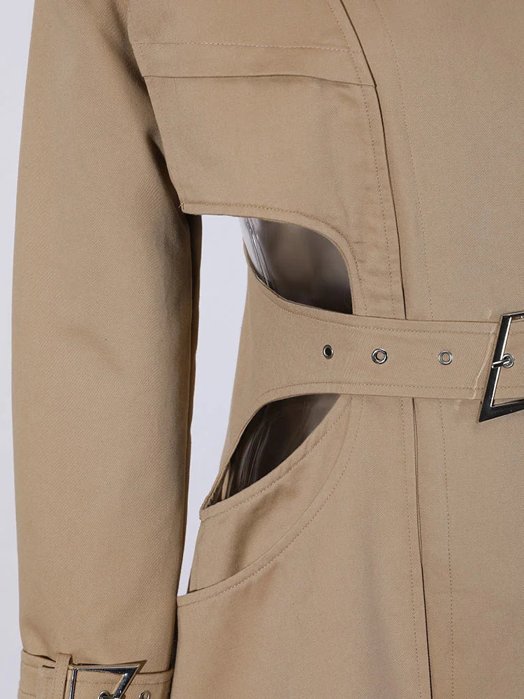 Cut-out Big Size Camel Long Trench Lapel Loose Fit Windbreaker