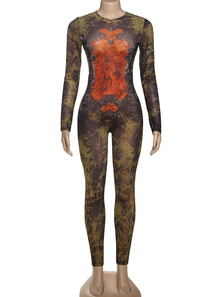 Tight o-Neck Full Sleeve Skinny Peach Hip Wild Style Overalls Jumpsuit