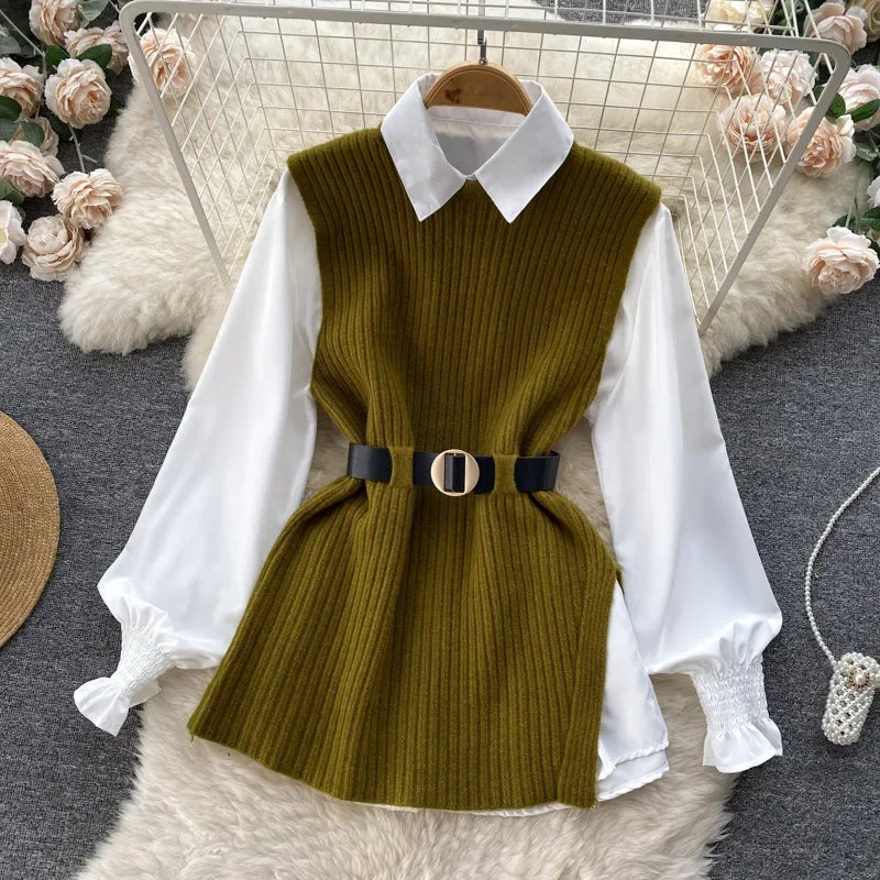 Luxury Style Loose-fit Long Sleeve White Shirt Side Slit Knit Vest 2-piece Set