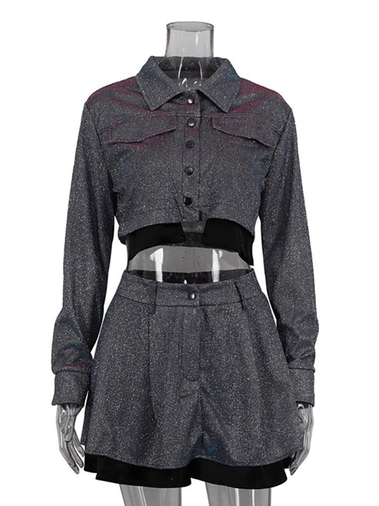 Turn-down Collar Bright Silk Long Sleeve Top Mini Skirt Two Piece Sets