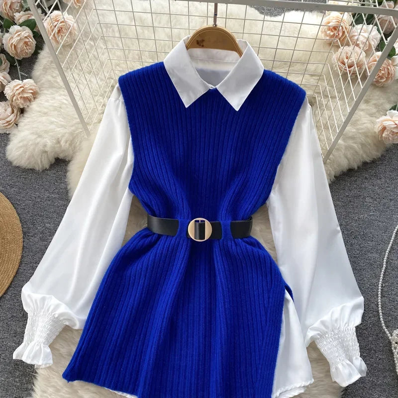 Luxury Style Loose-fit Long Sleeve White Shirt Side Slit Knit Vest 2-piece Set