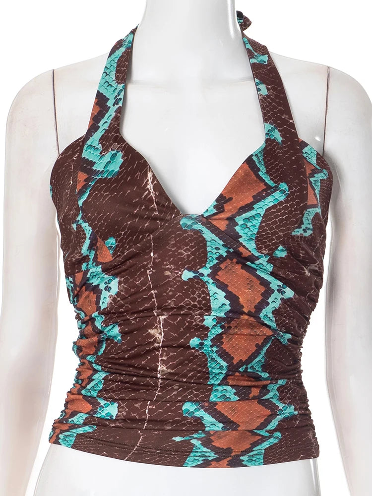 Lace-Up Halter Backless Y2K Print Tank Tops