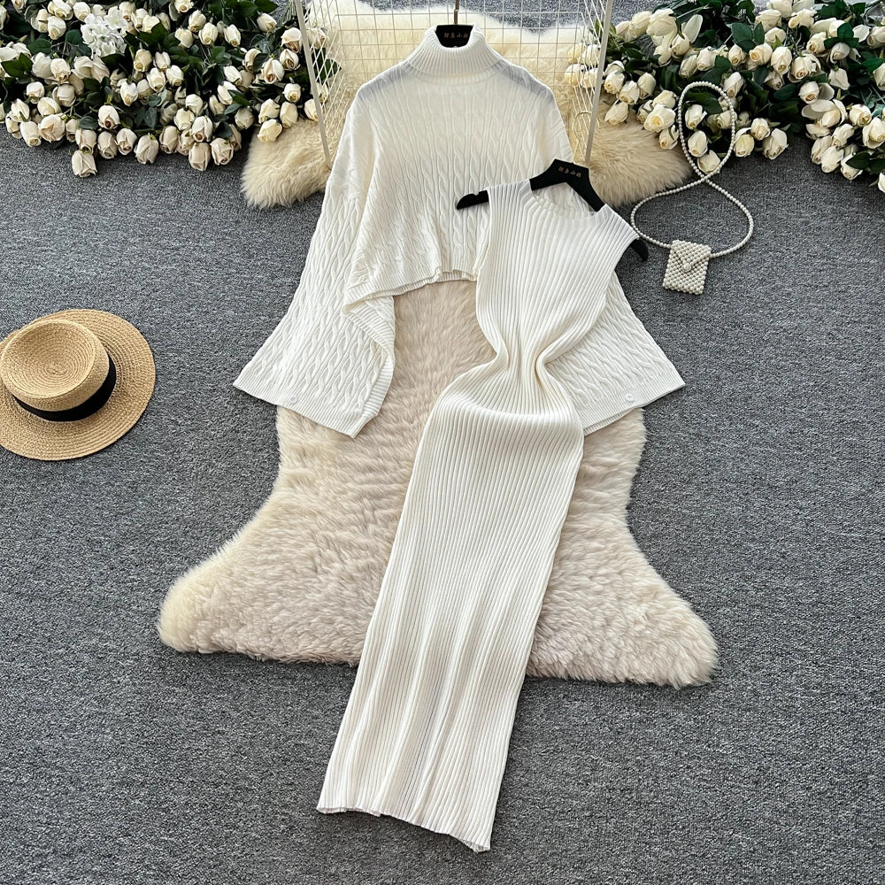 Turtleneck Sweater Suits Batwing Sleeves Short Pullovers+Bodycon Tank Dress Knitted 2Pcs Sets
