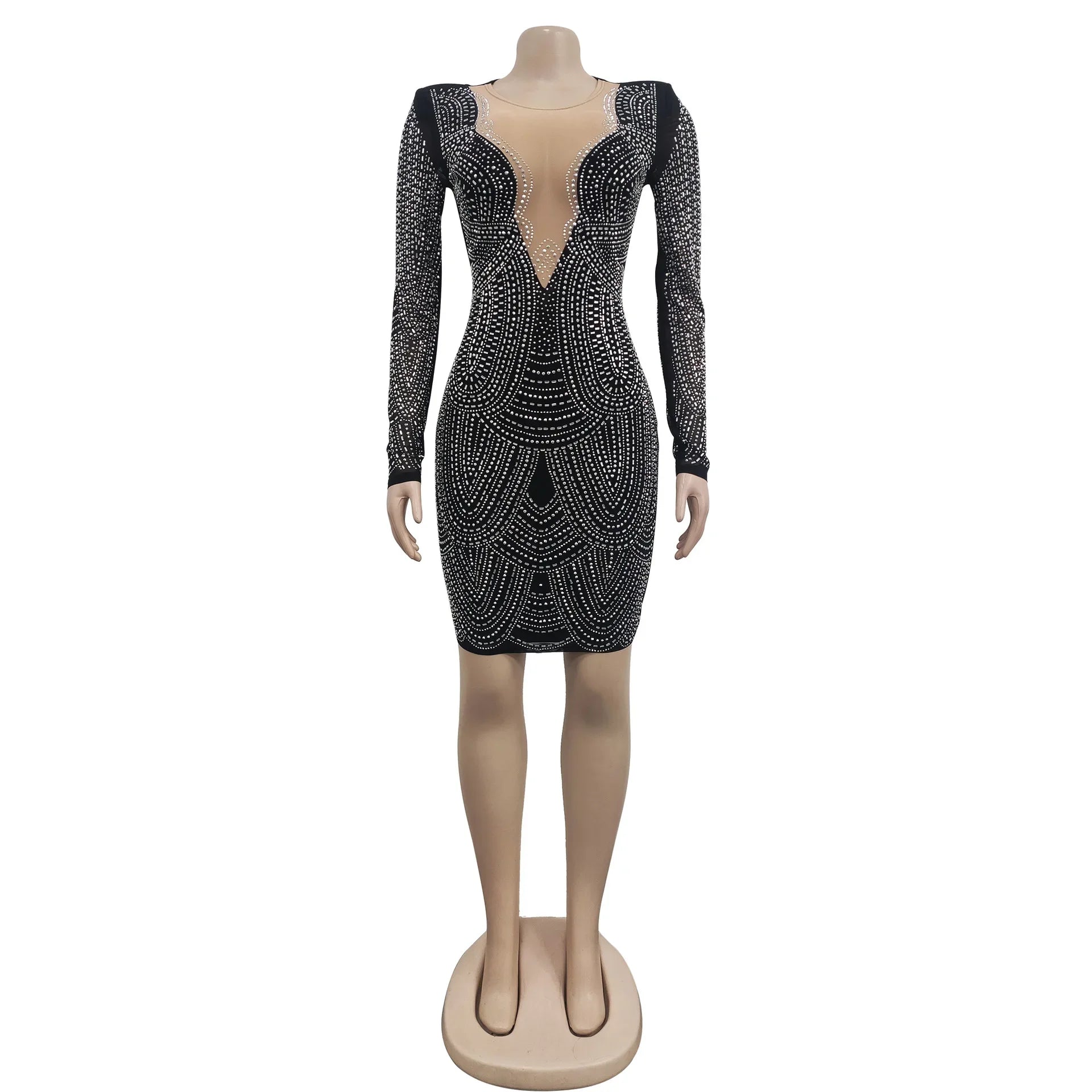 Diamond Mesh Bandage O Neck Long Sleeve Bodycon Mini Dress