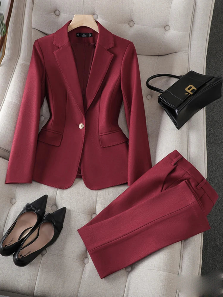 Two Piece Sets Turn Down Collar Single Button Blazer Office Ladies Casual Solid Pant Suits