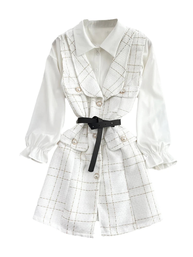 Temperament Lapel White Shirt+V-neck Single Breasted Tweed Vest  Two-piece Set Dress