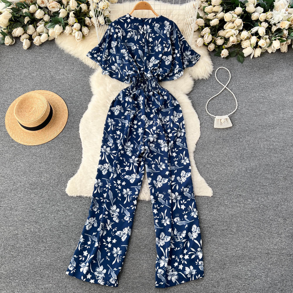 Floral V Neck Jumpsuits Retro Long Rompers