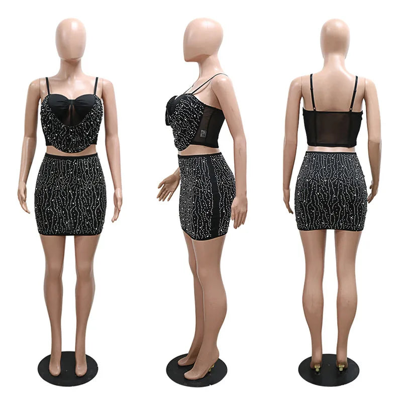 Two Piece Set Strap Mesh Rhinestone Top and Diamonds Mini Skirts Sets