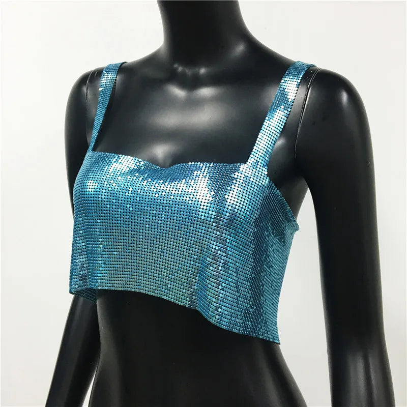 Bling Metallic Sequin Crop Top y2k Backless Straps Cropped Top