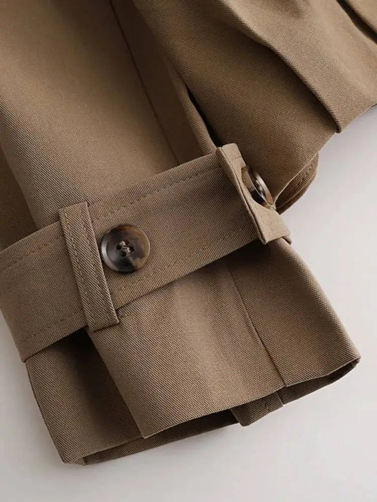 Stylish Cropped Lapel Collar And Belted Cuffs Trench Coat
