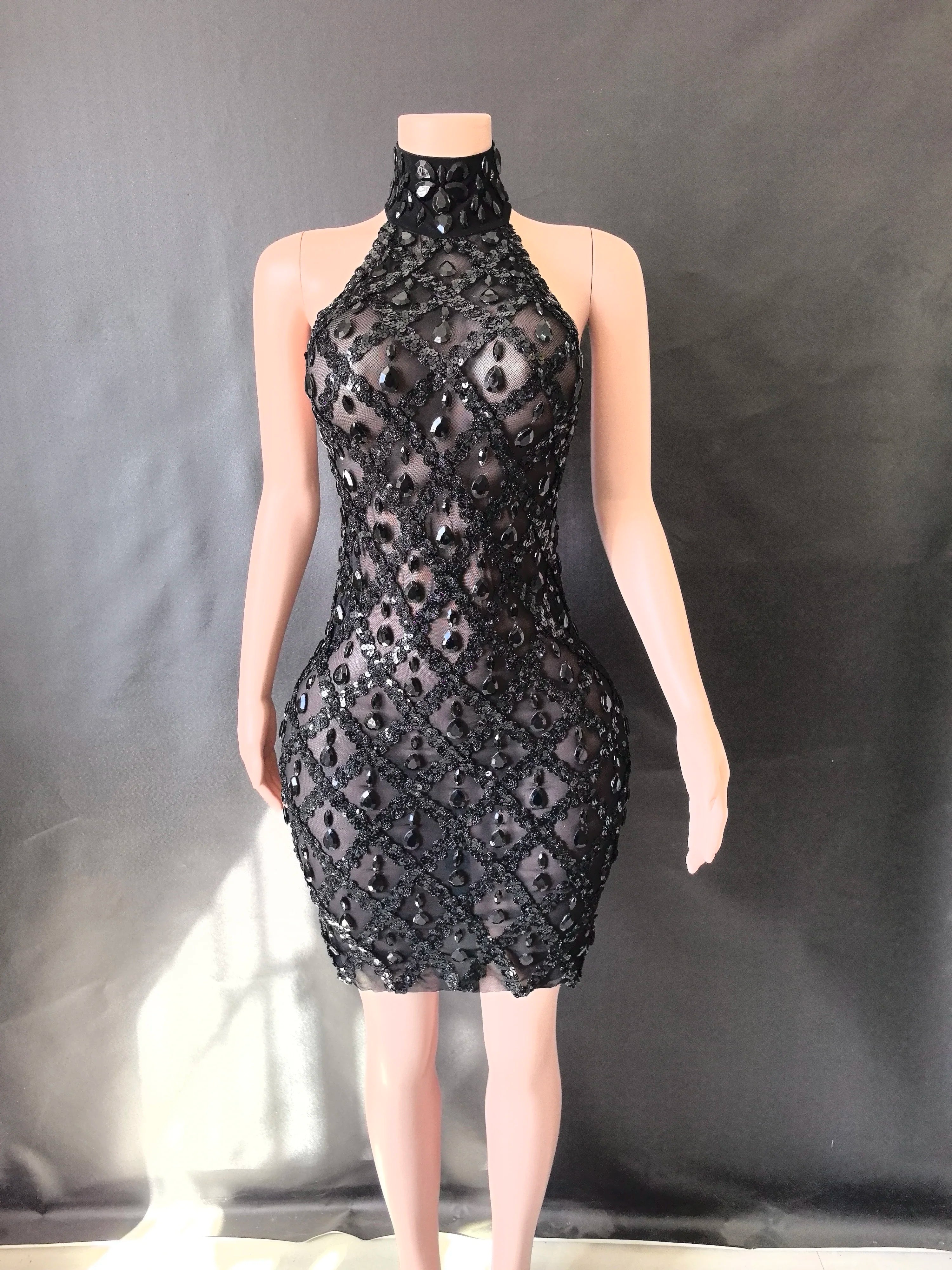 Prom Birthday Dress Transparent Rhinestone Sequins Dress