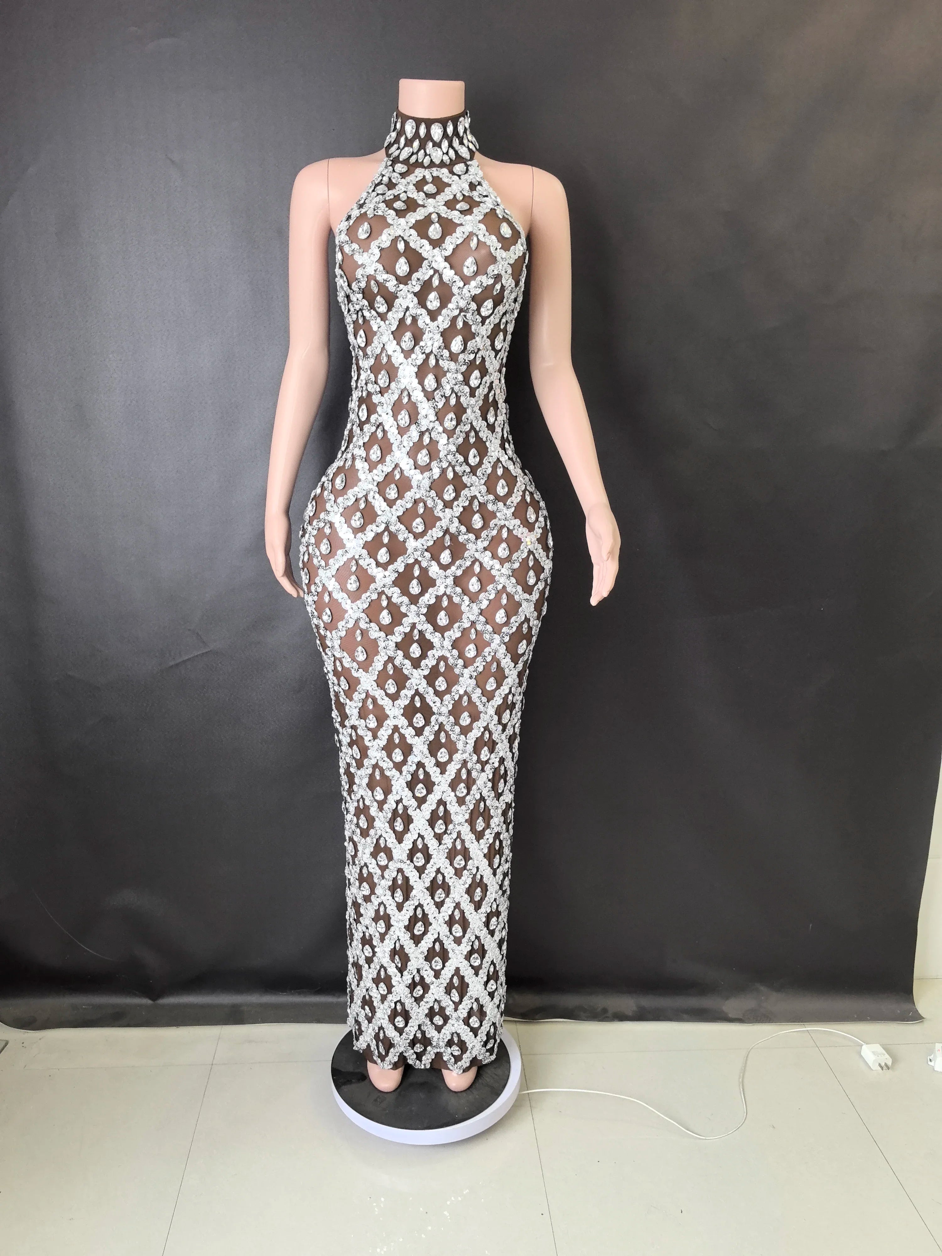Prom Birthday Dress Transparent Rhinestone Sequins Dress