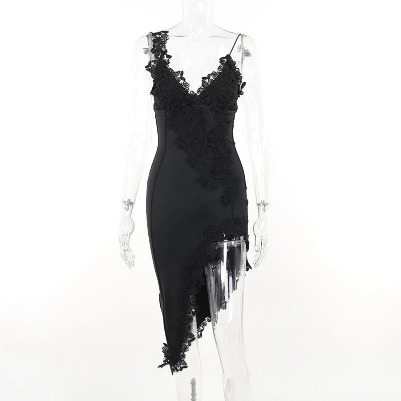 Lace Embellished Asymmetric Slit Midi Dress