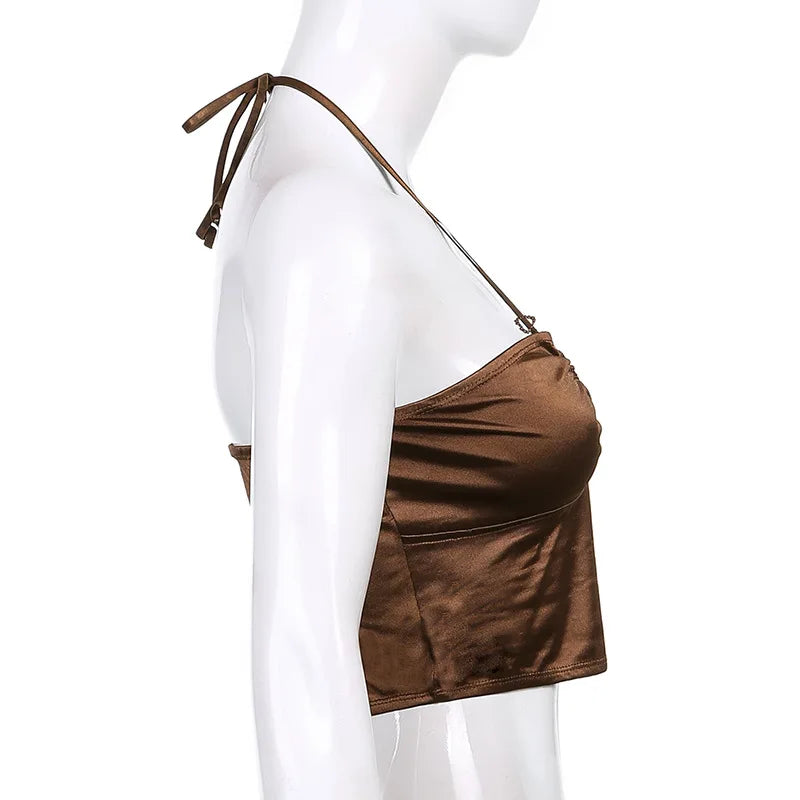 Satin Off Shoulder Bare Midriff Cross Halter Tube Top