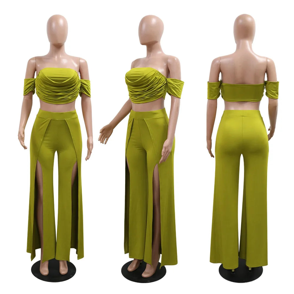 Short Sleeve Slash Neck Ruched Tops and Wide Leg split Pants Two 2 Piece Sets Outfit