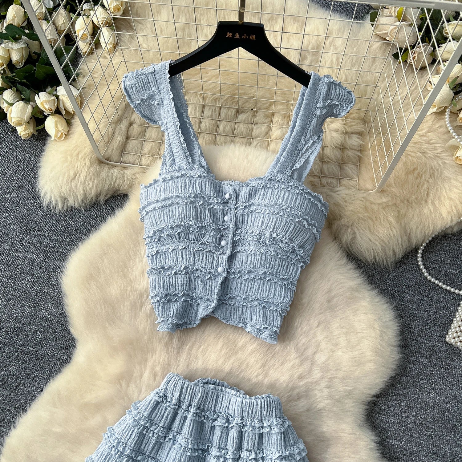 Casual Single Breasted Mini Camisole+Elastic Waist A Line Fold Slim Skirt Two Piece Sets