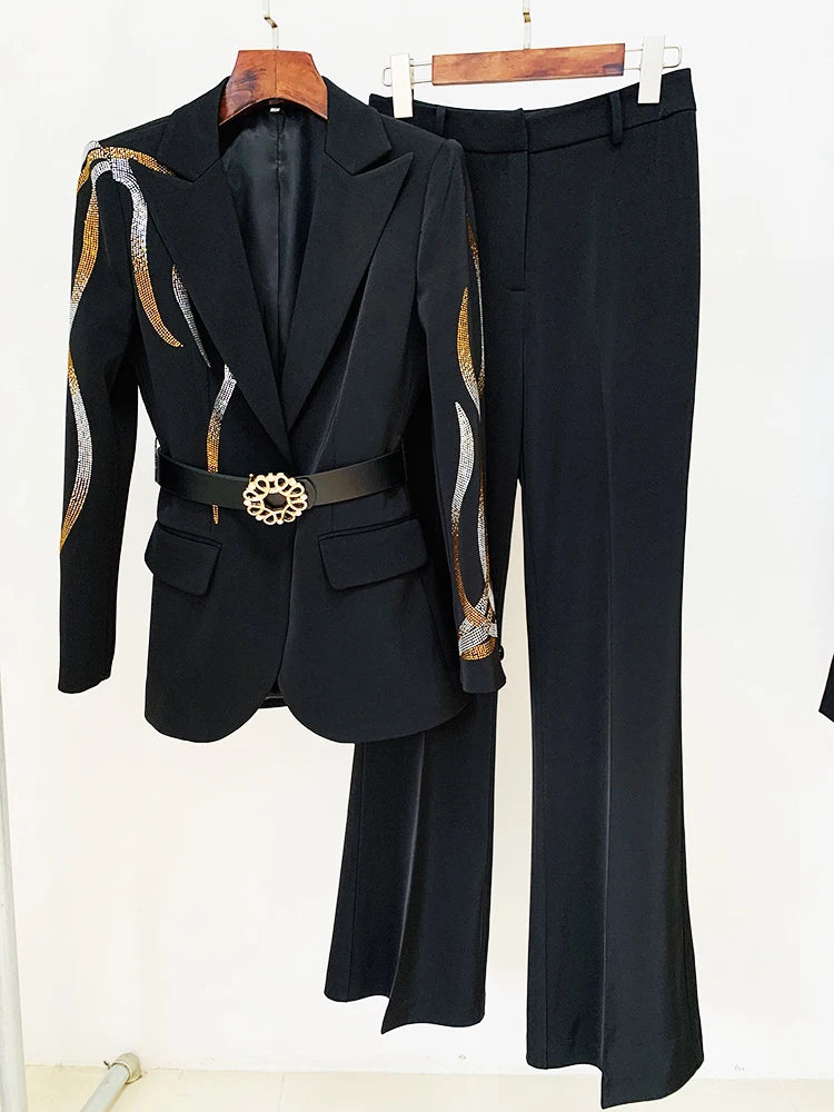HIGH STREET Runway Diamonds Belted Blazer Flare Trousers Two Piece Set