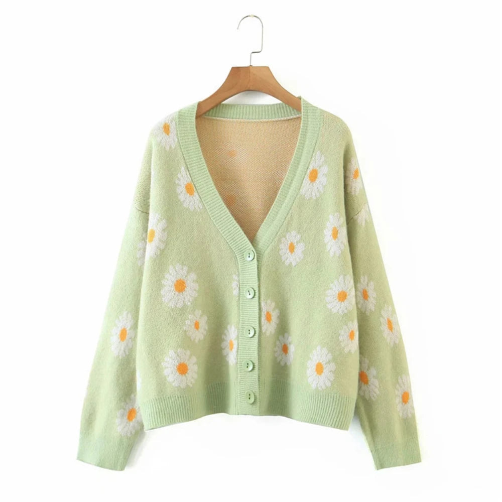 Fashion Print Soft Full Sleeve Floral Single Little Daisy V-Neck Pull Oversize Cardigan