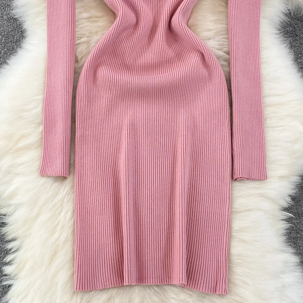 Elegant Turtleneck Long Sleeve Knit Bodycon Pencil Sweater Dress Autumn Winter Clothing