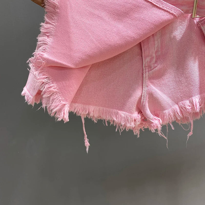 Irregular Pink Denim High A- Line Short Mini Skirts