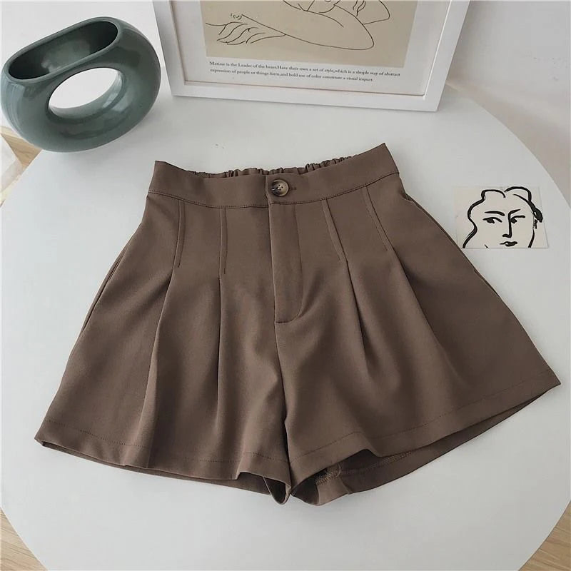 Casual Simple Korean Fashion Elastic High Waist Pleated Shorts