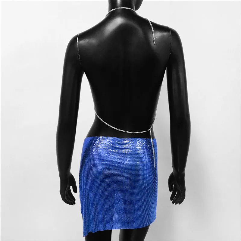 Metal Sequins 2 Piece Set Backless Halter Tank Tops Split Mini Skirts