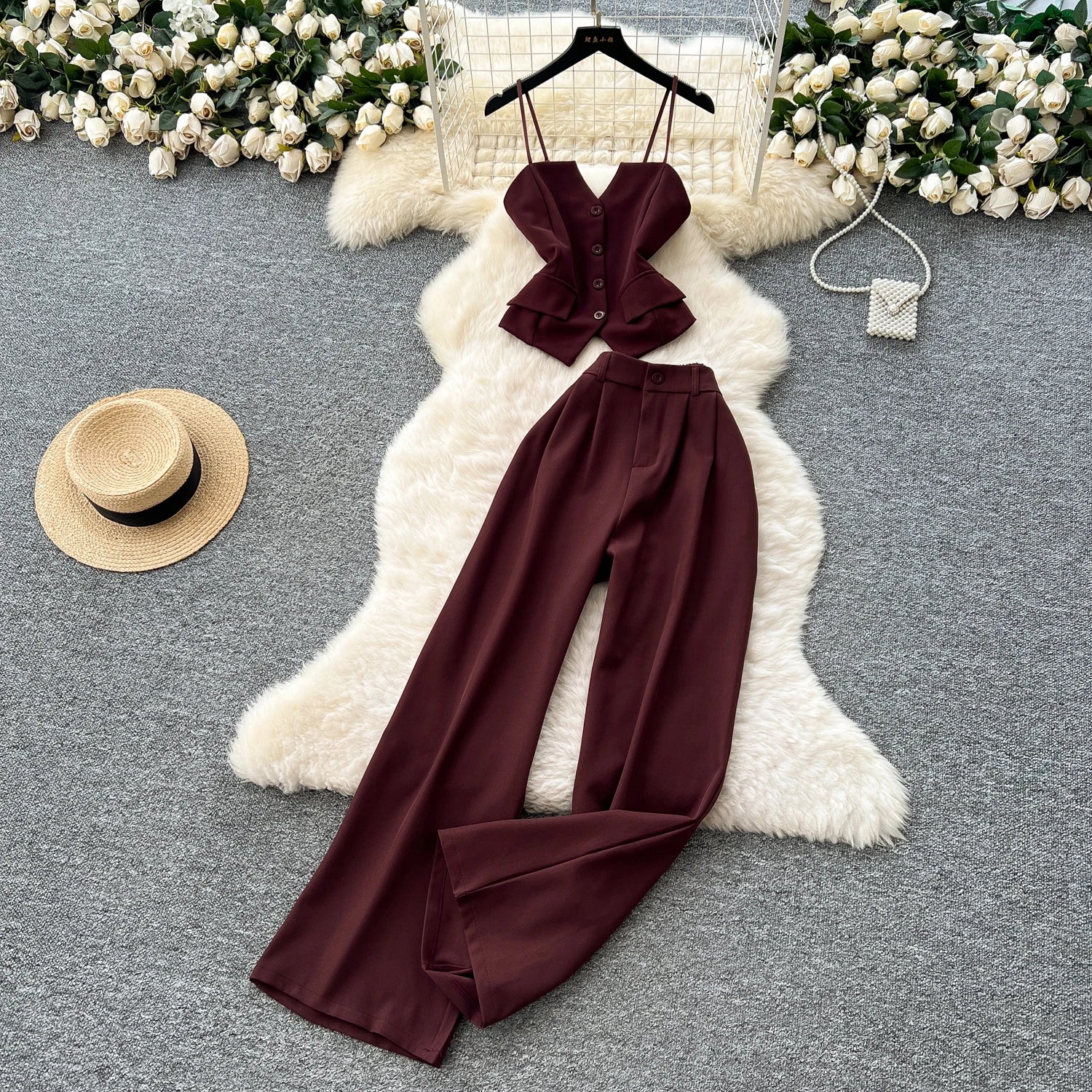 Office Lady Suits Camisole+Wide Leg Zipper Pants Chic Two Piece Set